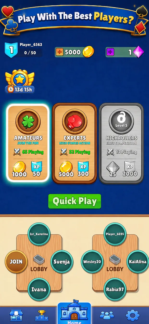 Lobby with Amateurs, Experts and Highrollers rooms and a Quick Play button