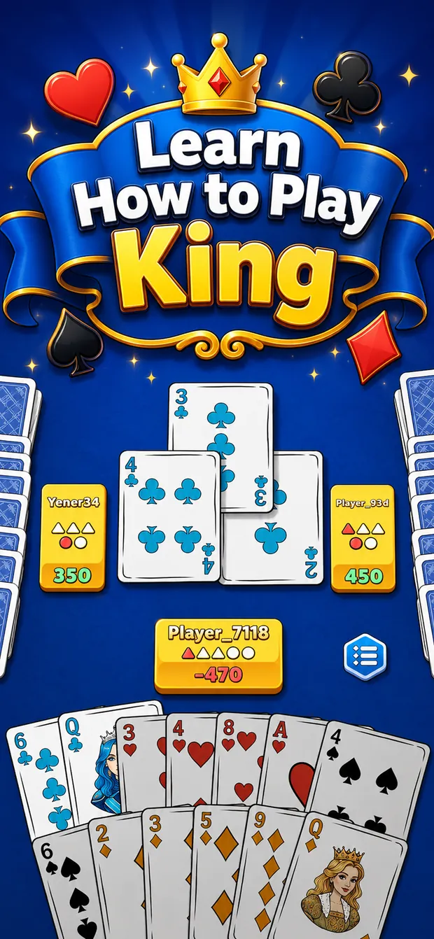 King Online Club title screen with a hand of cards and four player seats